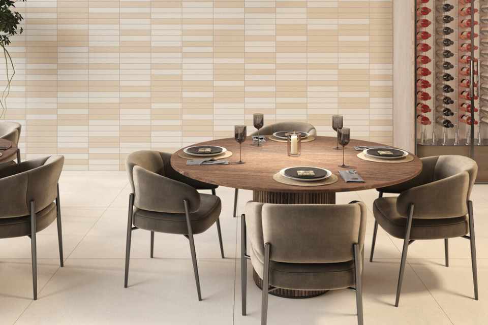 porcelain tile in dining room with earth tones and formal place settings